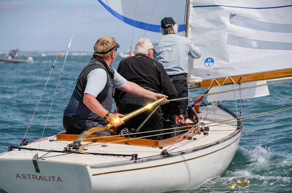 John Tremlett sailing Astralita X91, her tiller gilded